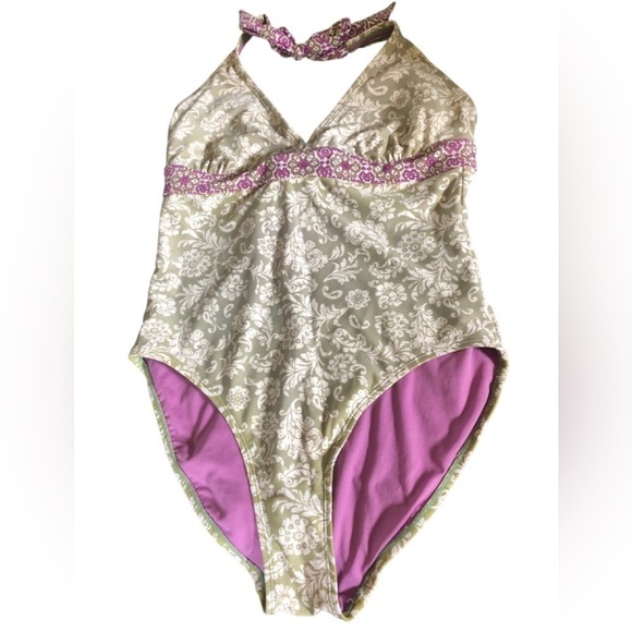 Athleta One Piece Halter Swimsuit Sz. XL Celery Purple Floral Cut Out Tied Back - Picture 1 of 7